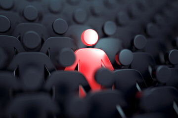 Red human shape among dark ones. Standing out of crowd concept