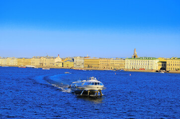 A meteor floats on the Neva River in summer on a sunny day. Russia, Saint Petersburg, 08/17/2020