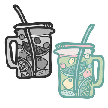Isolated vector grey and colored design of lined ornamental glass mug of fruit tea