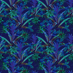 Guzmanie with aloe vera, exotic iiplants and leaves, seamless pattern.