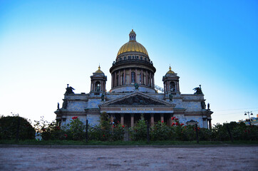 Isaac's Cathedral against the background of the sunset sky. Russia Saint Petersburg 08/17/2020