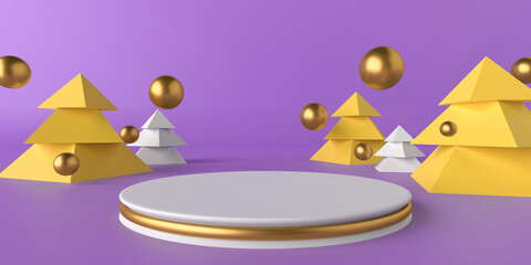 Christmas concept, podium, pedestal on purple background, 3d render