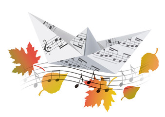 Origami boat with musical notes and autumn leaves. 
Illustration of paper model of boat with music notes symbolizing autumn song. Vector available.
