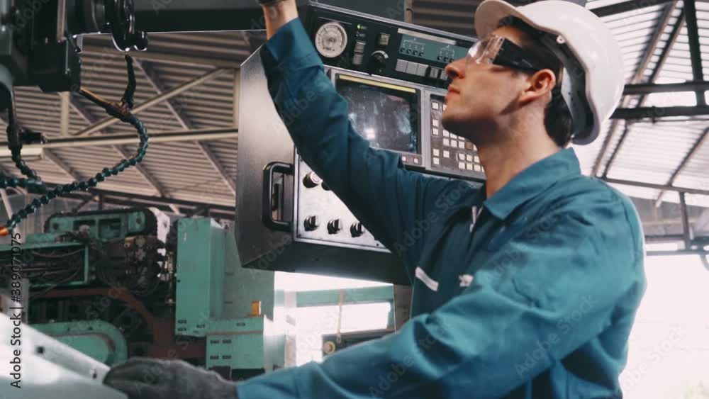 Poster smart factory worker using machine in factory workshop . industry and engineering concept.