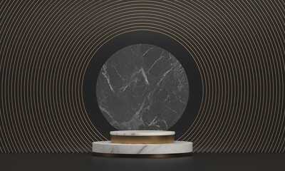 3d rendering of white pedestal steps isolated on black, round marble background, memorial board, art deco geometric frame, abstract minimal concept, blank space, clean design, minimal fashion mockup
