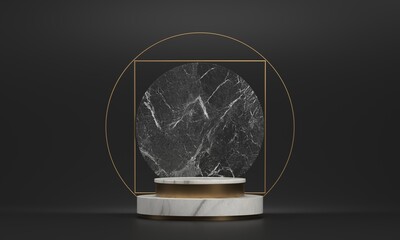 3d rendering of white marble pedestal isolated on black marble background, gold square frame, ring, cylinder steps, abstract minimal concept, blank space, simple clean design, luxury minimalist mockup