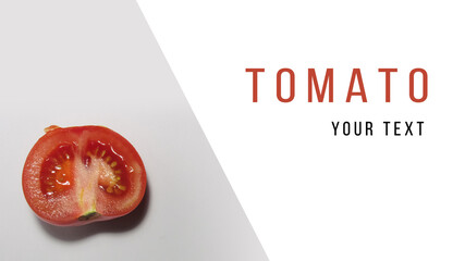 Juicy red sliced ​​tomato on a gray background. The design is perfect for a business card, splash screen, brochure or any other purpose.                           