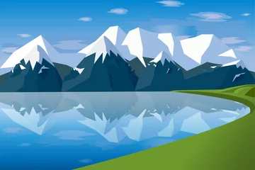 Fotobehang Banner design with polygonal landscape in the background of mountains. Vector illustration, flat style © Dinara