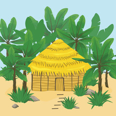 Bungalow in a tropical climate. Beach with palm trees and a hut.