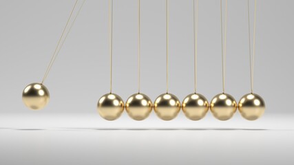 Newton's Cradle with golden balls on white background. Suitable for busines, science and physics themes. 3d render.