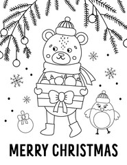 Vector black and white bear in hat and scarf with box of Christmas balls and fir tree twigs. Cute winter animal line illustration. Funny Christmas card design. New Year print or poster template.