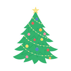 Vector decorated Christmas tree isolated on white background. Cute funny illustration of new year symbol. Flat style picture of fir or spruce tree for decorations or design..