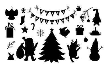Vector set of black and white Christmas silhouettes with Santa Claus, deer, fir tree, presents isolated on white background. Cute funny winter icons illustration for decorations or new year design..