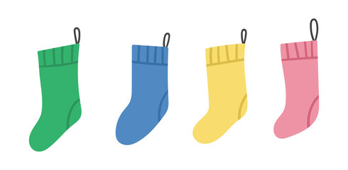 Vector set of colored stockings for presents isolated on white background. Cute funny illustration of new year symbol. Christmas icon collection of hanging socks..