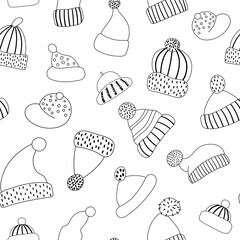 Vector black and white seamless pattern with cute hats. Funny line background with warm head clothes. Autumn or winter accessory digital paper. .