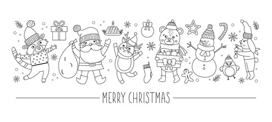 Vector horizontal set with black and white Christmas characters and elements. Card template design with Santa Claus, funny animals, snowman, present. Cute winter or new year line border..