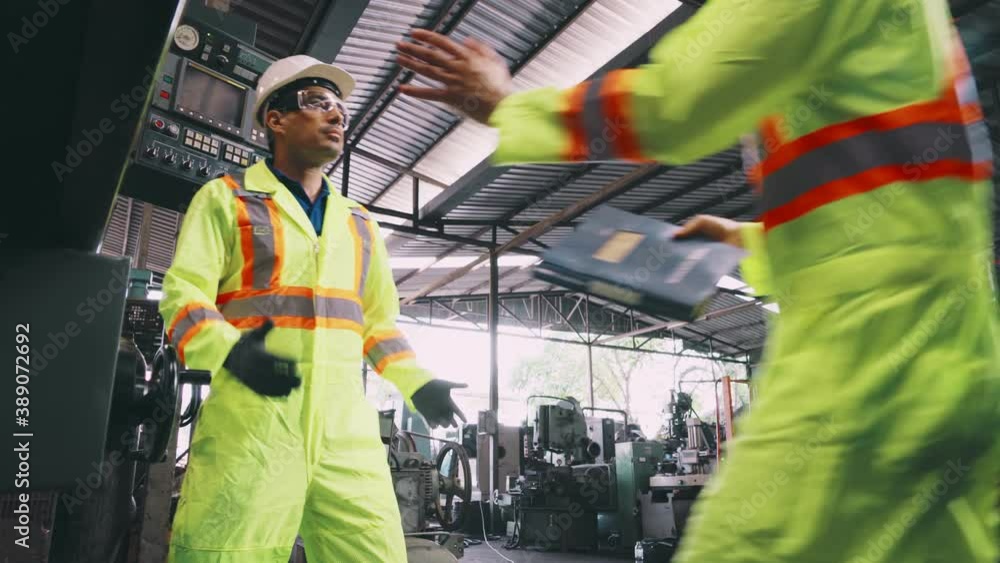 Poster group of factory workers using machine equipment in factory workshop . industry and engineering conc