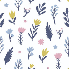 Seamless colorful floral pattern with wild flowers. Simple Scandinavian style. Background design for textile, fabric, greeting cards etc. Vector illustration