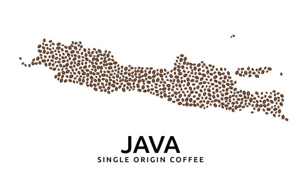 Shape of Java island map made of scattered coffee beans, name below