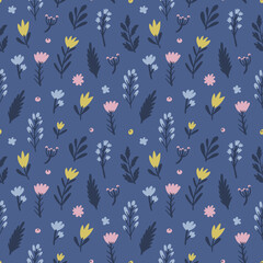 Seamless colorful floral pattern with wild flowers. Simple Scandinavian style. Background design for textile, fabric, greeting cards etc. Vector illustration