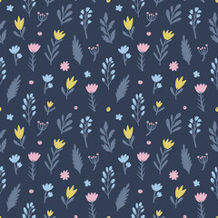 Seamless colorful floral pattern with wild flowers. Simple Scandinavian style. Background design for textile, fabric, greeting cards etc. Vector illustration