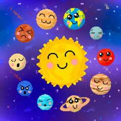 Set cartoon planets of solar system with cute faces in pixel art style on space background