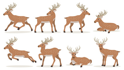 Set of cute cartoon deer with long horns, forest animals, vector illustration isolated on white background