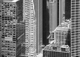 Black and white picture of New York City modern architecture, USA.