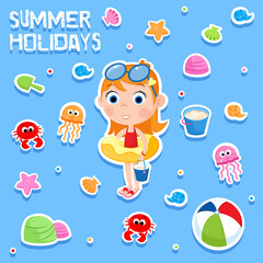 Adorable little girl and summer holidays - Cute cartoon illustration of a summer beach party elements - Isolated on the blue background