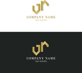 Obraz premium Real estate vector logo design. White and gray background with gold yellow house symbol business card. VR V R letter company logo.