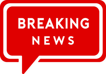 Breaking news icon vector. White text on red speech bubble background. News symbol for web design.  