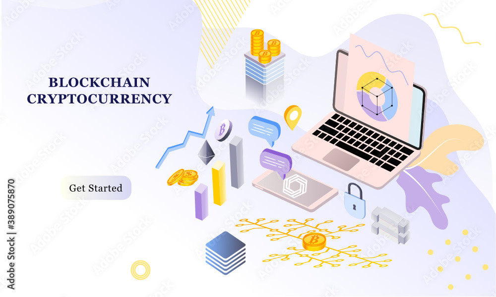 Poster modern flat design isometric background of blockchain and cryptocurrency for banner and website. lan