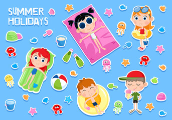 Kids and Summer holidays - Set - Cartoon illustration suitable for summer party invitations, greeting cards, kids party card template - Beach elements - Isolated