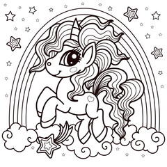 Little unicorn and rainbow. Black and white image. Doodle style. For baby design Vector