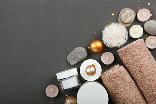 spa composition on the table and Christmas accessories. Relaxation care products. Skin care
