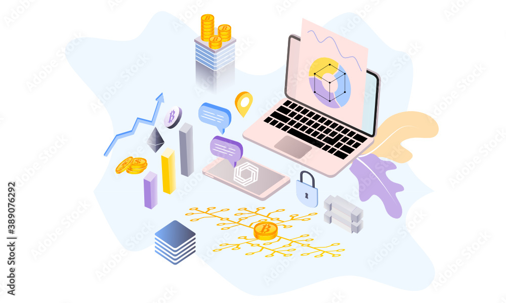 Poster modern flat design isometric background of blockchain and cryptocurrency for banner and website. lan