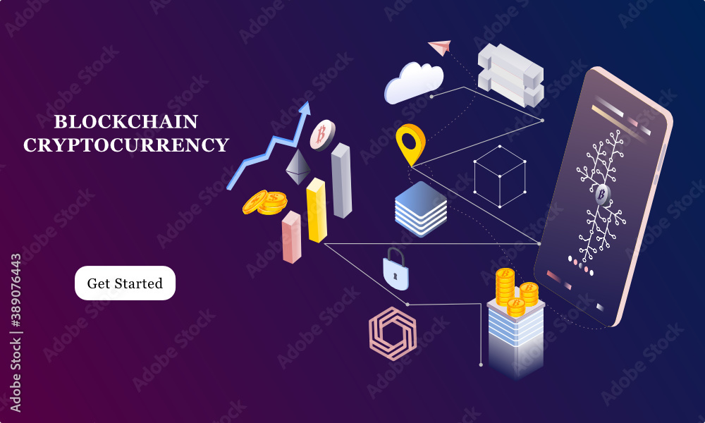 Poster modern flat design isometric background of blockchain and cryptocurrency for banner and website. lan