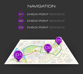 Location delivery icon map. Road business infographic pin pointer. City map navigation route, city GPS navigation, itinerary destination arrow paper city map. Route delivery check point infographic