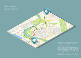 Isometry City map navigation, color point markers design background, drawing schema, 3D simple city plan GPS navigation, final destination arrow on paper city map. Route delivery check point graphic