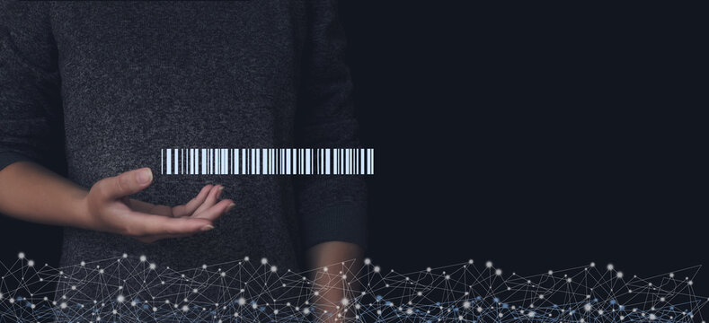 Gologram barcode scan on hand, warehouse and logistics. Home delivery service. Modern warehouse management technology businesses.