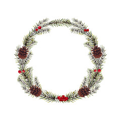 Fototapeta na wymiar Watercolor christmas wreath with cones, pine branches, berries. Hand drawn illustration
