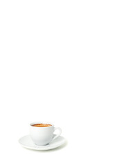 white cup with coffee, a cup of espresso in the corner of the frame, isolated