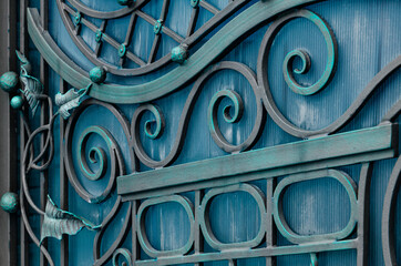 Modern metal gate decorated with wrought iron elements in a retro style