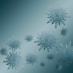 Beautiful snowflakes made from crystals on a turquoise background. Space for text, copy-space.