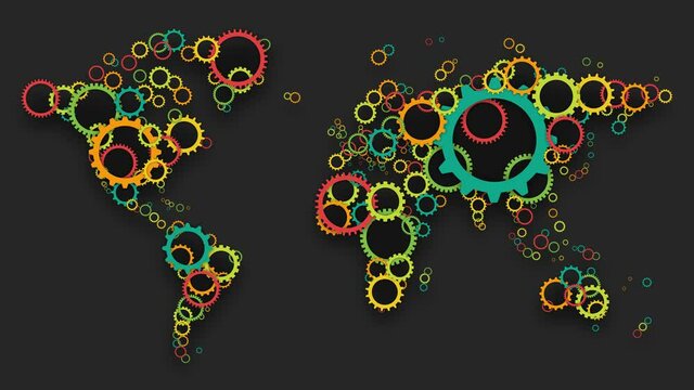 Colored gears making global world map. Economic, social or political cooperation. Global teamwork motion background.