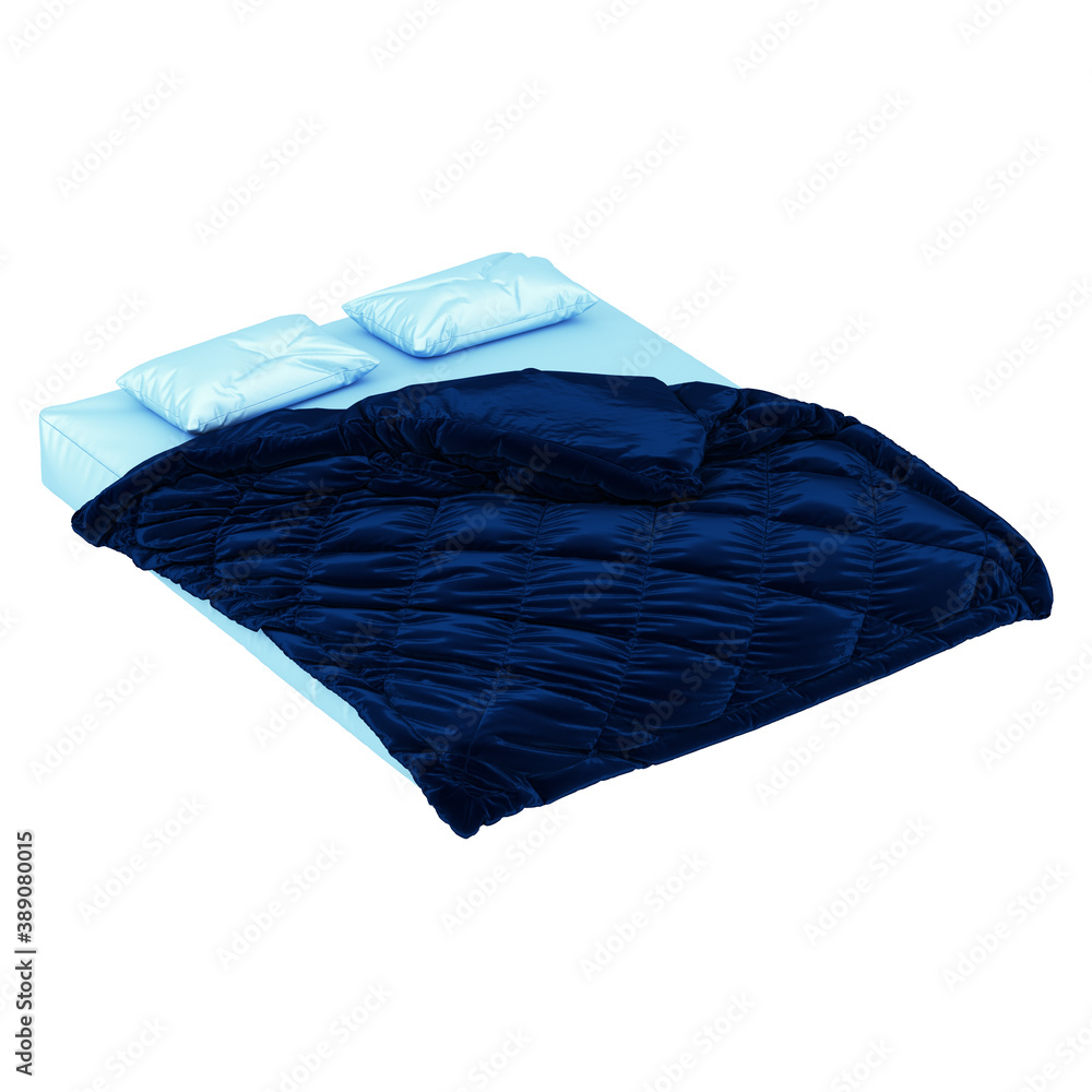 Poster a mattress with two pillows and a blue blanket with folds on a white background. 3d rendering.