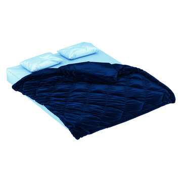 A Mattress With Two Pillows And A Blue Blanket With Folds On A White Background. 3d Rendering.