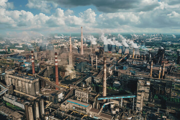 Oil industry. Aerial view of Petrochemical industrial factory, heavy industry, refinery production with smoke pollution.