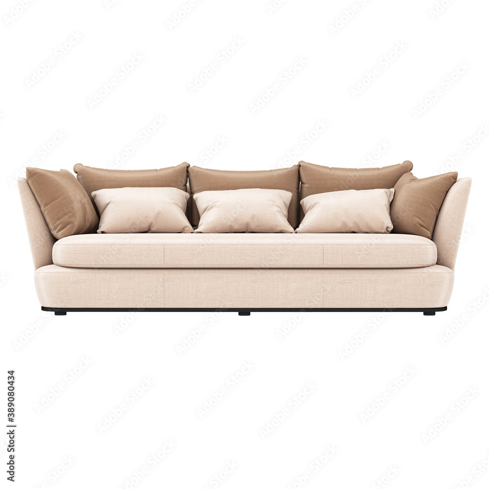 Poster soft sofa with pillows front view on a white background. 3d rendering