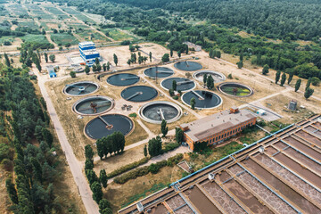 Wastewater plant, aerial view. Cleaning, purification and filtration of sewage water.